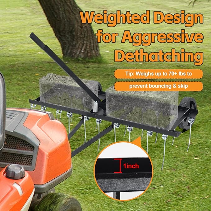 Tow Behind Dethatcher: 40inch Pull Behind Lawn Rake with 20 Spring Steel Tines Heavy Duty Lawn Tractor Attachments for Large Yard Garden Care