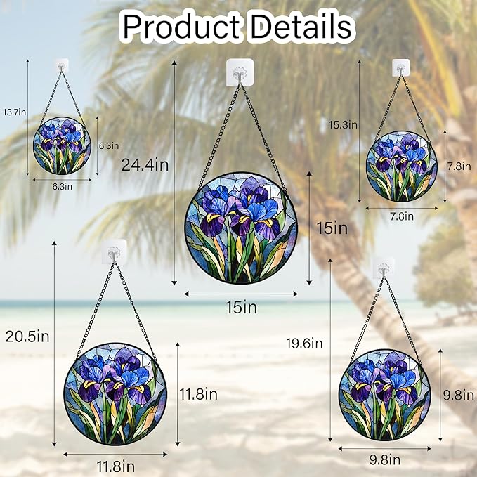 Stained Glass Window Hanging - Blue Purple Iris Flower Suncatcher for Door Garden Patio Sun Catchers Decor Christmas Mother's Day Birthday Gifts for Women Men Mom Nana Aunt Friend 6.3 in