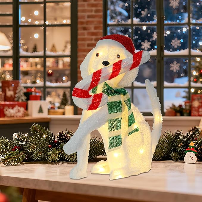 Christmas Lighted Dog Decoration 3D Glittered Fluffy Puppy with Candy Cane Battery Operated Lighted Up Ornament Outdoor Indoor Christmas Decoration for Home Lawn Yard Garden Display