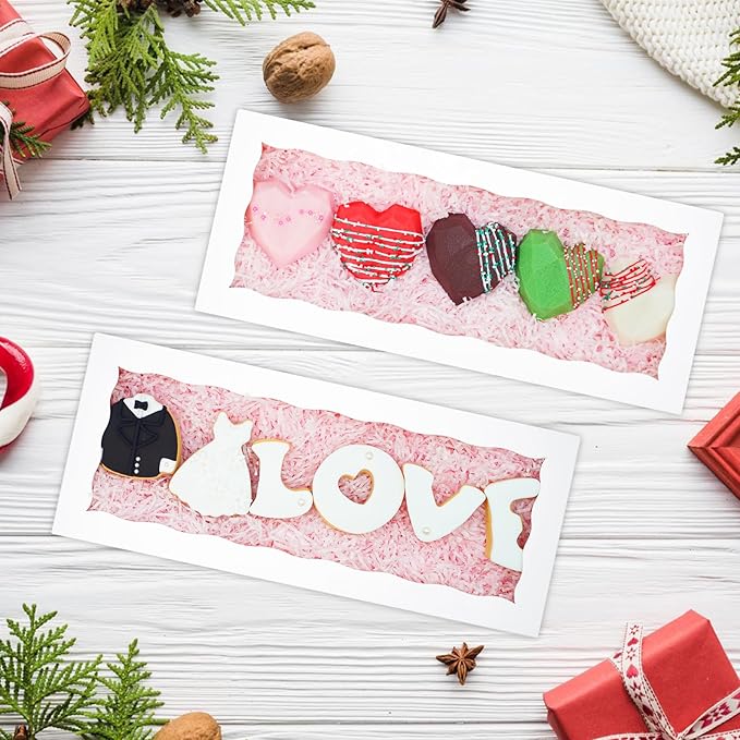 5pcs Cookie Boxes 12 x 5 x 1.5 Inch Bakery Boxes with window Chocolate Covered Strawberries Box for Christmas Valentine's Mother's Day- White