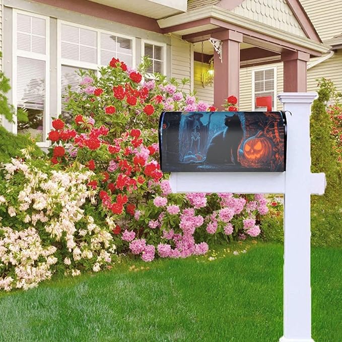 Halloween Skull Cat Mailbox Covers Magnetic Letterbox Covers 21x18 Inch for Garden Outdoor Decoration