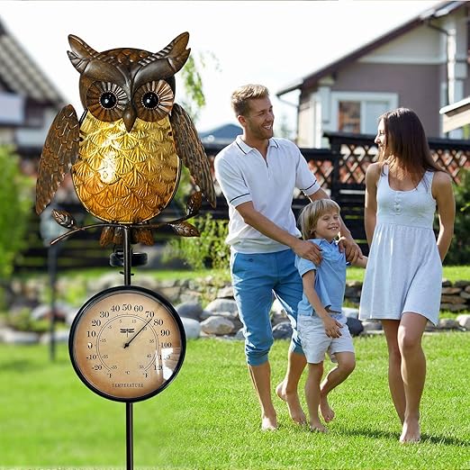 HONGLAND Solar Outdoor Temp Stakes Outdoor Thermometers for Outside Metal Owl Waterproof Patio Lawn Temperature with Solar Warm LED Lights for Yard and Garden, Holiday Gifts for Man Woman
