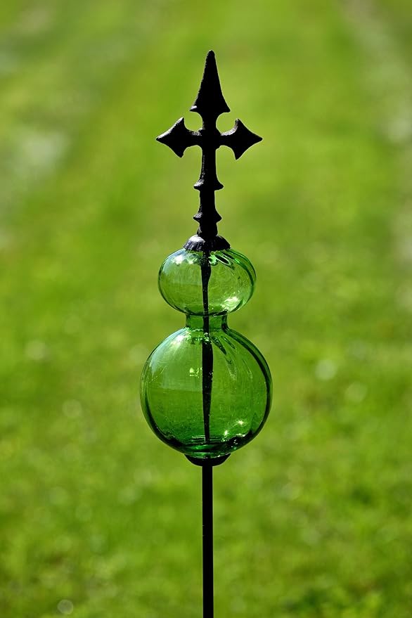 Zaer Ltd. Colored Blown Glass Garden Stake with Cast Iron Finial on Top (Pack of 2) (Pastel Green)