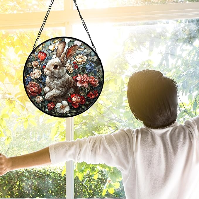 Stained Glass Window Hanging - Cute Rabbit Flowers Suncatcher Ready to Hang Window Doors Home Decoration, Christmas, Mother's Day Birthday Gifts for Women, Men, and Mom 7.8x7.8 in