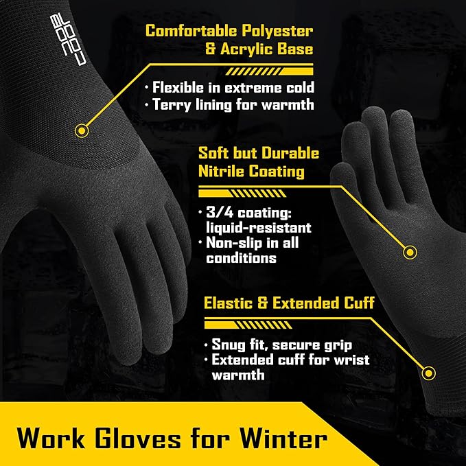 COOLJOB Winter Freezer Work Gloves for Men Women with Grip, Windproof Thermal Warm Fleece Lined, 3/4 Latex Coated for Heavy Duty, Construction, Warehouse, Black, 1 Pair, M
