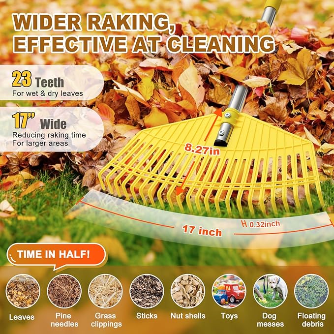 Garden Rake for Leaves - Extra Wide 17" Leaf Rake,Lightweight Long Handle for Women Seniors Kids Effortless Clean-Up,23 Non-Clog Flexible Tines for Lawn-Friendly,65” Adjustable Plastic Rakes for Yard