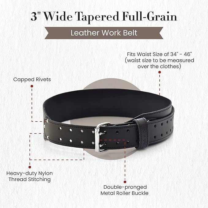 Style N Craft 3" Wide Tapered Full-Grain Leather Work Belt, Durable and Rugged Belt, Black (75437)