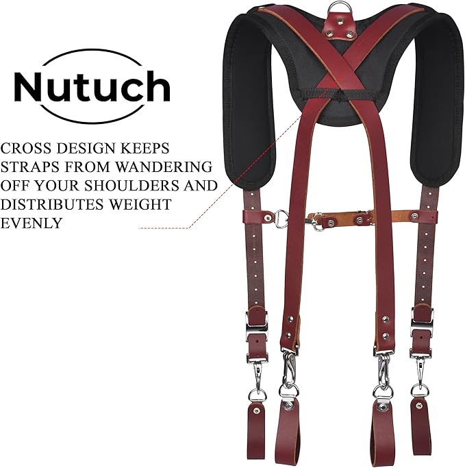 Heavy Duty Leather Work Suspender With Pockets | Fully-Adjustable Padded Leather Tool Belt Suspenders for Men | Construction | Framers | Handyman | Electrician