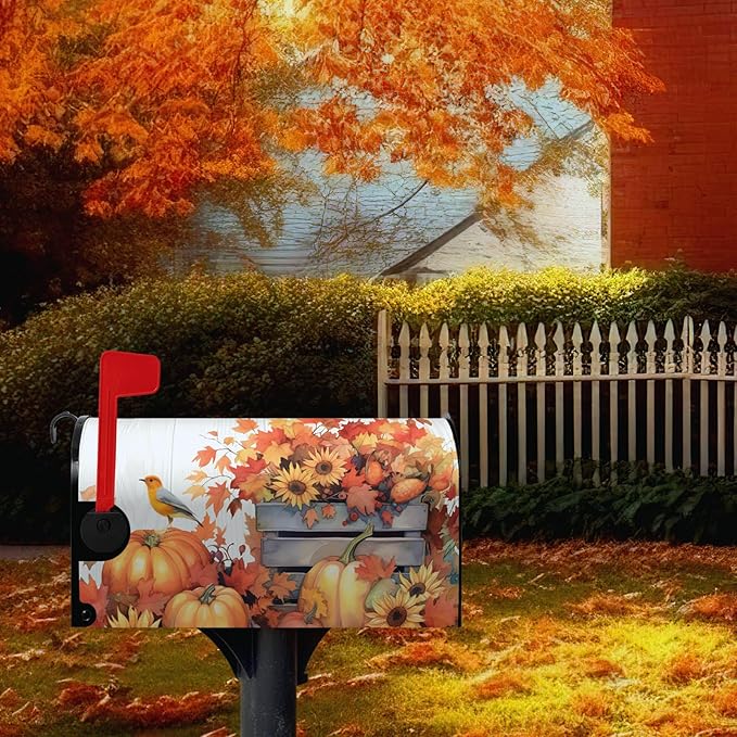 Fall Mailbox Covers Magnetic Large Size Autumn Bird Mailbox Cover Maple Leaf Thanksgiving Pumpkin Mail Box Post Cover Waterproof Sunflower Thankful Decor for Garden Yard 25.5 X 21 Inch