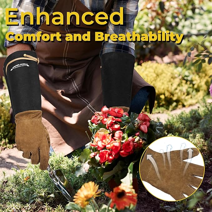 HANDLANDY Long Gardening Gloves for Men & Women, Cowhide Leather Rose Pruning Gloves, Breathable Thorn Proof Gauntlet Glove (Brown-Cowhide, L)