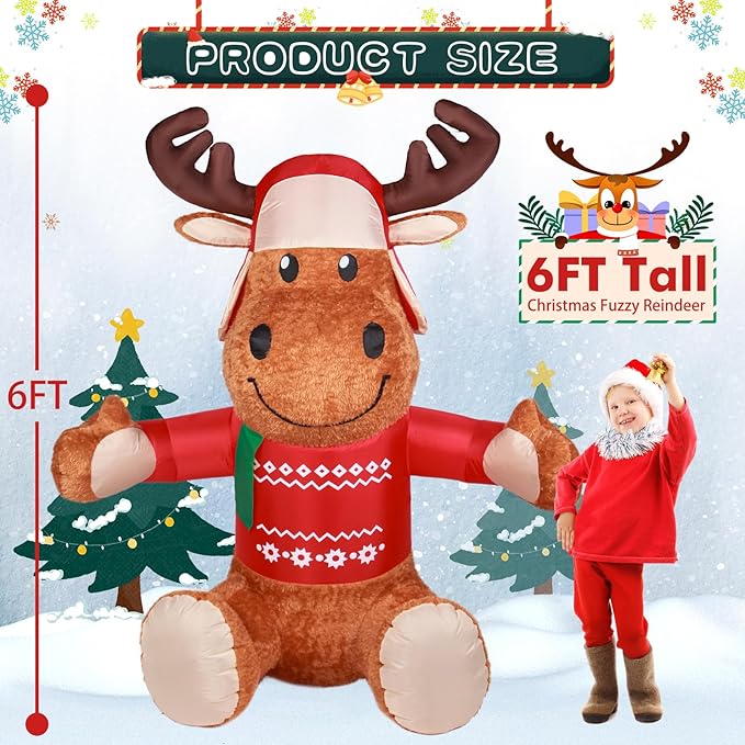 6 FT Christmas Inflatable Outdoor Decorations, Inflatables Plush Reindeer Yard Decor with Christmas Hat & Sweater, Built-in LED Lights Blow up Xmas Deer Holiday Decorations for Outside Lawn Garden