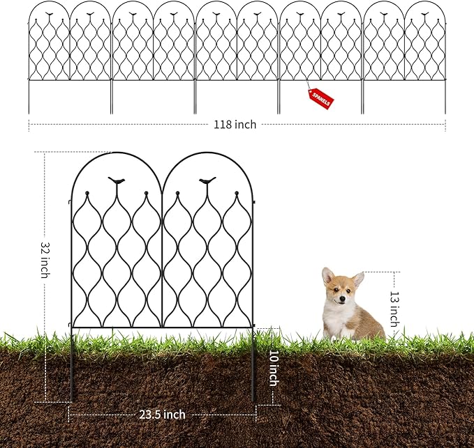 Decorative Metal Garden Fence 32 in (H) x 118 in (L), Dog Fence Outdoor for Yard, No Dig Rust-Resistant Pet Fence Panels, Easy Install Animal Barrier for Patio, Lawn & Flower Beds, (5)