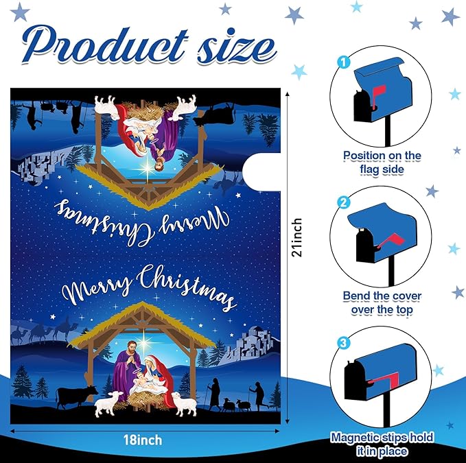 Blosssound Nativity Magnetic Mailbox Cover Merry Christmas Nativity Scene Mailbox Covers Decor Xmas Religious Blue Christmas Post Box Cover Standard Size 21 X18 Inch Garden Yard Outdoor Decoration