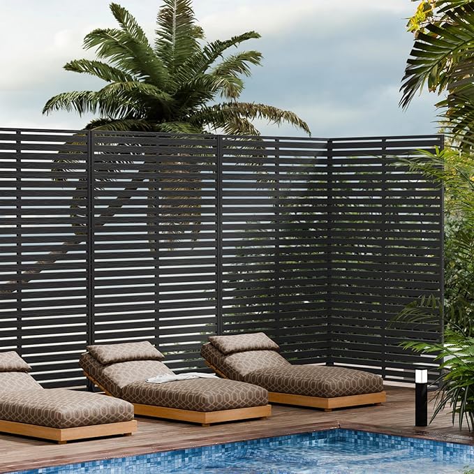 Outdoor Privacy Screen 72" H×47" W HDPE Freestanding Decorative Privacy Fence with Steel Poles and Stand 6 Panel, Air Conditioner Fence Panels, Privacy Screen for Patio Backyard,Balcony, Pool