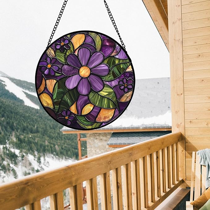 Stained Glass Window Hanging, Purple Green Flowers Sun Catcher for Door Home Decor Plants Suncatcher Christmas Mother's Day Birthday Gifts for Women Men Mom and Nana 9.8 in