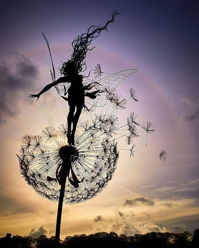 Flower Fairy Dancing with Dandelion Garden Art Sculpture Stainless Steel Statue Christmas Halloween Decoration for Outdoor Yard Courtyard Lawn Patio Metal Ornaments (Open Hands)