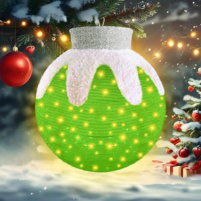 Outdoor Hanging Christmas Ornaments, Lighted Pop-Up Hanging Outdoor Holiday Ball Decoration, 8 Light Modes, Lighted Collapsible Holiday Decorations (Green)