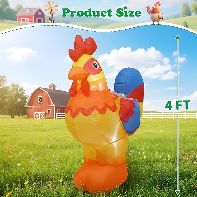 4FT Inflatables Christmas Spring Farm Ranch Blow up Animals Cute Rooster Decorations with LED Light Indoor Outdoor Yard Graden Party Lawn Holiday Decor