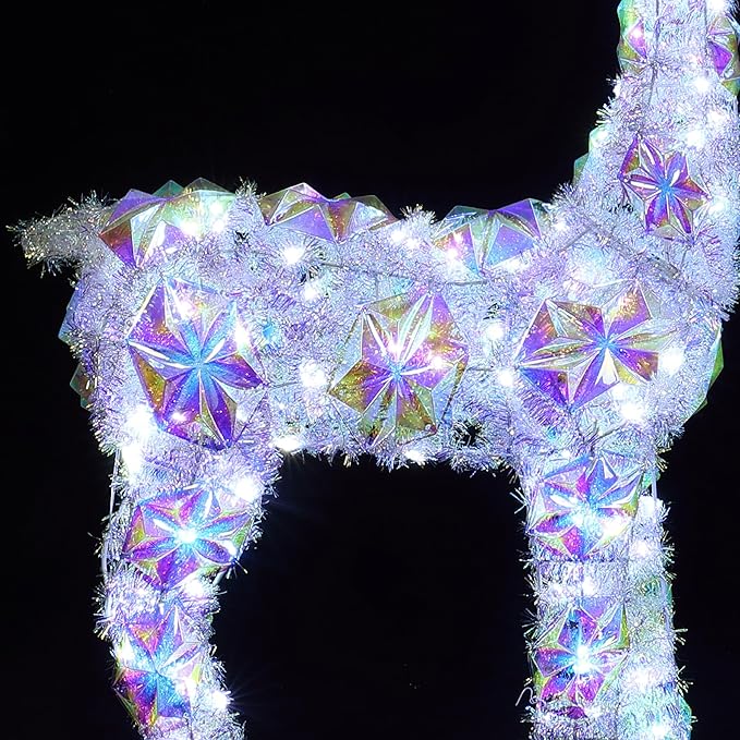 LuxenHome 3PCs Reindeer Christmas Decoration, Laser Tinsel & Holographic Reindeer Family with 340 LED Lights Front Porch Christmas Decorations Outdoor & Indoor Use, Lawn, Porch, Holiday Yard Display
