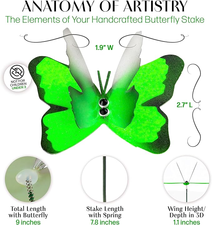 Handmade Green Butterfly Garden Stakes Set of 7 - Decorative Outdoor & Indoor Plant Decor - Nature Lover Gift Idea by Air Aquarium Kushner
