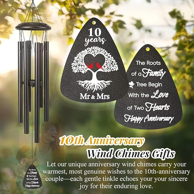 10th Anniversary Wind Chimes Gifts for Men Women,Romantic 10 Year Anniversary for Couples, Wife, Husband, Parents, Friends, 10th Wedding Gifts Idea of Happy Anniversaries Decorations,Black