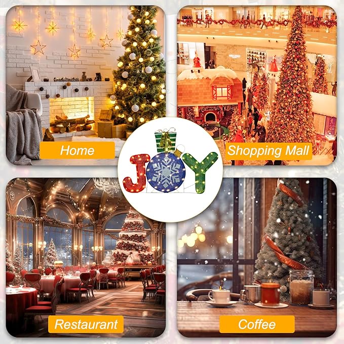 Lighted Christmas Joy Outdoor Decoration 3D Joy with Gift Box Glittered Lighted Up Standing Ornament Outdoor Indoor Christmas Decoration for Home Lawn Yard Garden Display