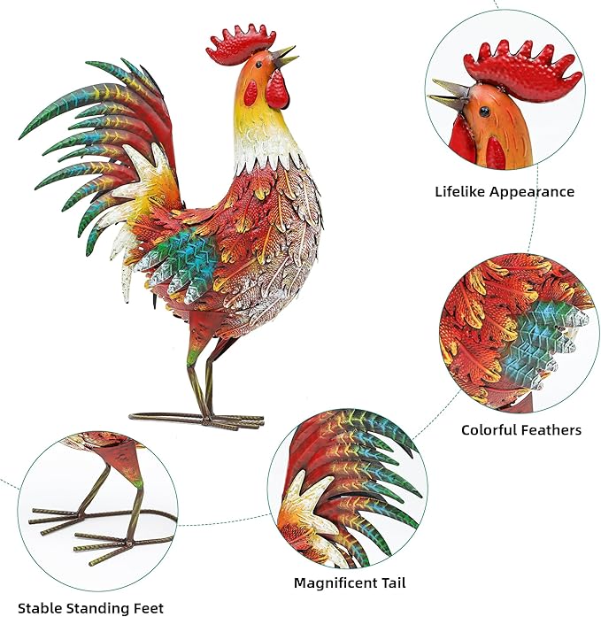 21" Metal Rooster Yard Decor, Outdoor Garden Statues, Metal Chicken Sculpture for Backyard Patio Kitchen Decor