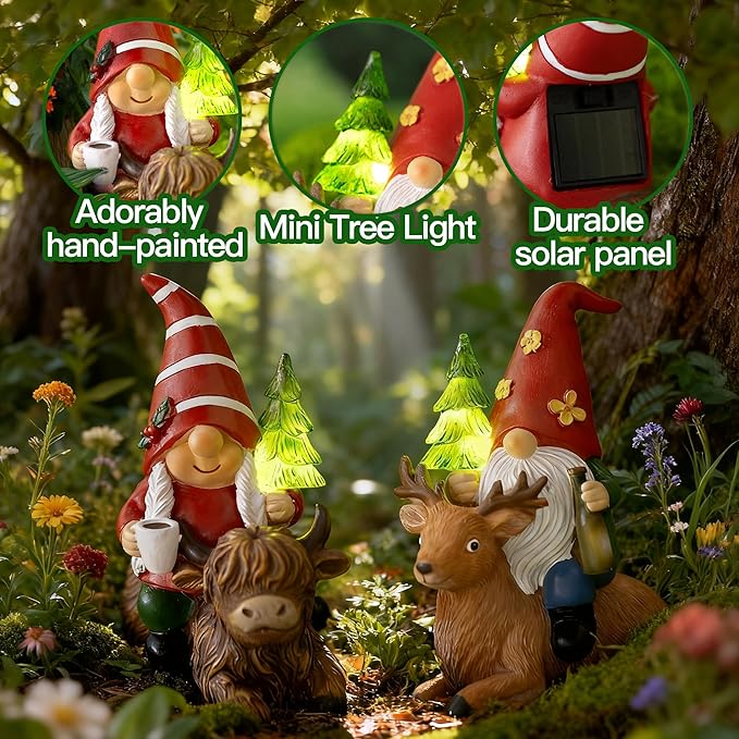 2 Pcs Gnome Garden Decor Statue Highland Cow and Reindeer, Solar LED Lights Gnomes Garden Sculpture Decorations for Yard, Gnomes Gifts for Women