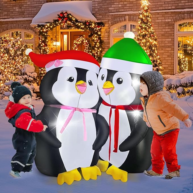 Christmas Inflatables Outdoor Decorations, with Rotating Colored Light+LED Lights, Large Blow Up Yard Decor,Christmas Party Outdoor, Yard, Garden, Lawn Winter (5FT Lovers Penguins)