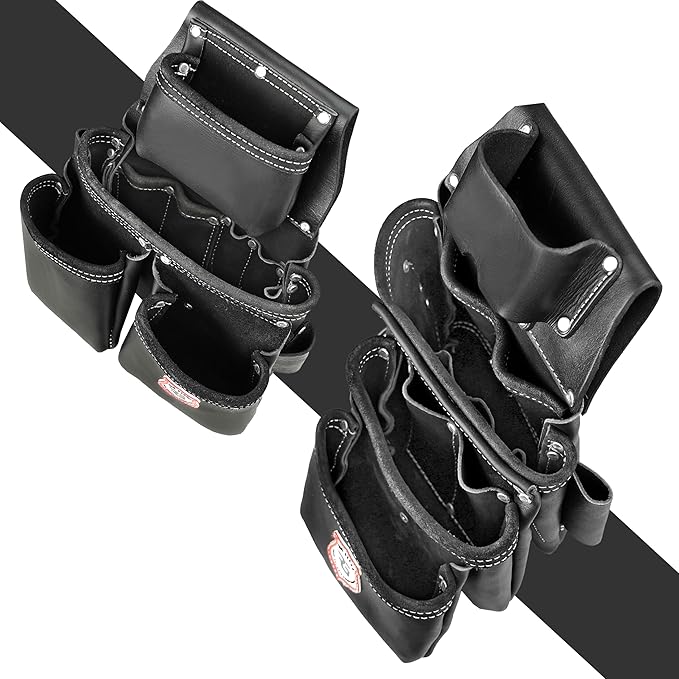Leather Tool Belt with Adjustable Hook - Premium Heavy Duty Tool Belts for Men with 22 Multi-Purpose Pocket Tool Pouch (Black, Standard), RG-004
