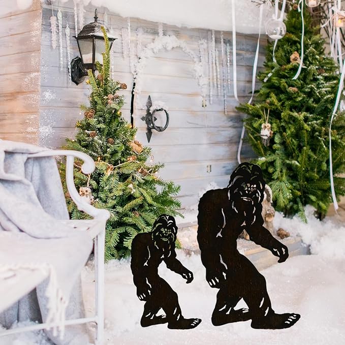 TT & MM Christmas Bigfoot Yard Decor Metal Garden Stakes,Set of 2 Big Foot Sasquatch Gifts for Men/Women,Outdoor Bigfoot Silhouette Statues for Yard Art,Patio,Lawn - 15.7”H x 8.3”W & 7.8”H x 4.1”W
