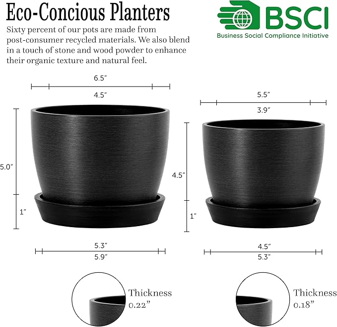 UNBREAKABLE Plant Pots Set of 2, Advanced Eco-Poly Planters with Drainage & Saucers, 6.5" + 5.5" Plastic Pots - Designer Indoor & Outdoor Décor and a Great Gift for Plant Lovers - Marin Night Black