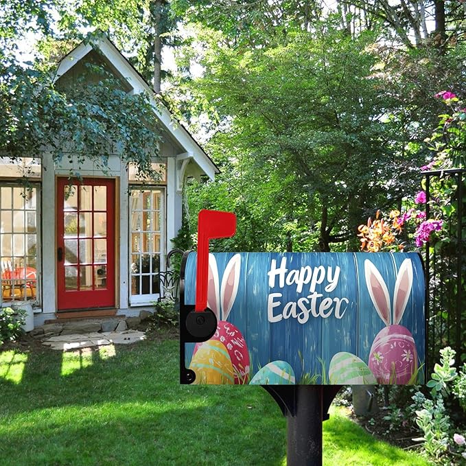 Easter Bunny Mailbox Cover Magnetic Lrage Size 21 x 25.5 Rabbit Colorful Eggs Mailbox Covers Wraps Blue Spring Post Letter Box Cover Oversized for Home Garden Yard Decor