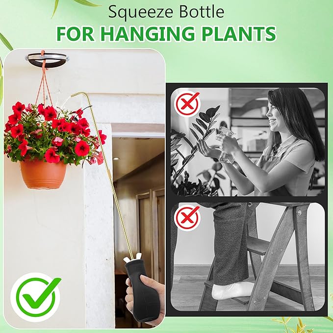 Dreyoo Squeeze Bottle for Hanging Plants, 19" Long Spout Plant Watering Bottle, Easy Squeeze Indoor/Outdoor Watering Can Alternative, Precise Sprinkling for Hanging Baskets, Houseplants, 8oz (Black)