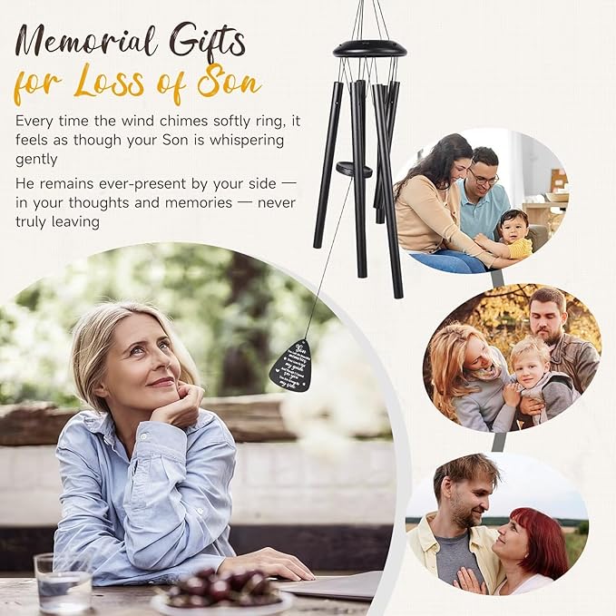 Memorial Gifts for Loss of Son, 25''Memorial Wind Chimes for Loss of Son Gifts, Condolence/Remembrance/Bereavement Gift,Windchimes in Memory Sympathy Gift,Funeral Decor for Garden Outside,Black