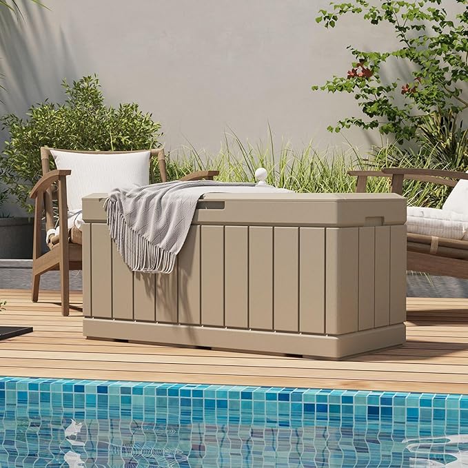 Patiolife 85 Gallon Resin Deck Box, Wood Like Outdoor Storage Box for Garden Tools, Pool Supplies, Waterproof and Lockable, Light Brown