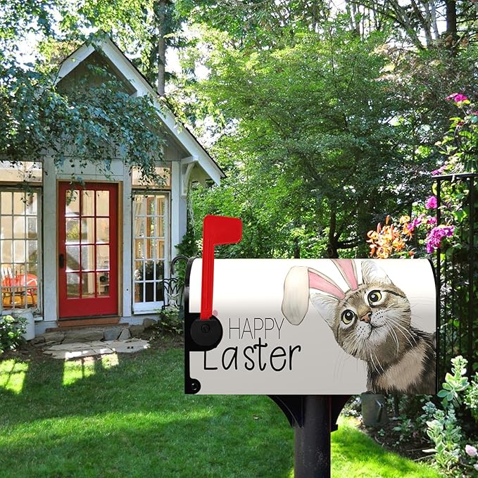 Happy Easter Mailbox Covers Magnetic Standard Size 21 x 18 Inch Easter Cat with Bunny Ears Mailbox Cover Post Box Wraps Decorations for Spring Garden Yard