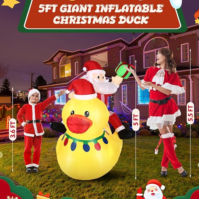 Leyndo 1 Set 5ft Christmas Inflatables Decoration Outdoor Santa Riding Duck Inflatables with Build-in Leds Lights Giant Blow up Duck with Santa Claus for Mall Garden Patio Lawn Indoor Party Xmas Decor