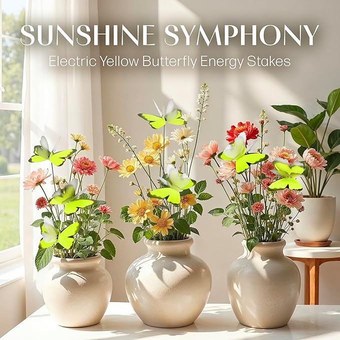Handmade Yellow Butterfly Garden Stakes Set of 7 - Decorative Outdoor & Indoor Plant Decor - Nature Lover Gift Idea by Air Aquarium Kushner