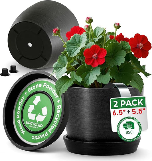UNBREAKABLE Plant Pots Set of 2, Advanced Eco-Poly Planters with Drainage & Saucers, 6.5" + 5.5" Plastic Pots - Designer Indoor & Outdoor Décor and a Great Gift for Plant Lovers - Marin Night Black