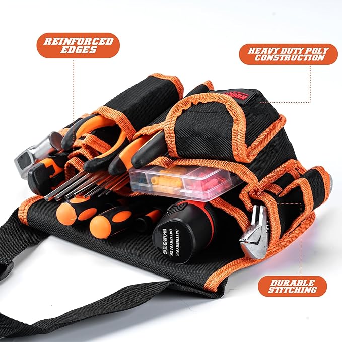 Ultra-Thick Men's Tool Belts Fits Waist 31”to 52” Adjustable Oxford Work Pouch with 15 Durable Pockets, Ideal for Repair & Electrical Work (Orange, Extra Large)