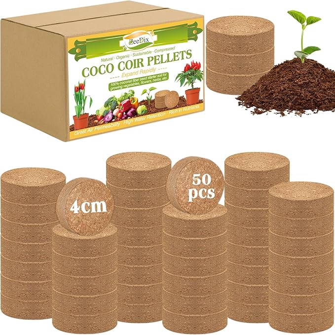 ZeeDix Coco Coir Potting Soil, 50pcs 40mm Compressed Coconut Fiber Seed Starter Soil Pellets, Coco Peat Soil Discs for Indoor Outdoor Plants, Herbs, Houseplants, Flowers, Succulents, Vegetables