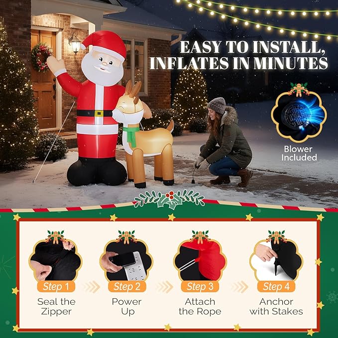 VINGLI 6ft Christmas Santa with Reindeer Inflatable, Inflatable Waving Santa Claus Reindeer Outdoor Decoration with LED Lights,Xmas Blow ups for Lawn, Garden, Holiday Decor