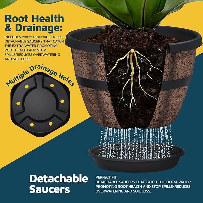 Lifemaster 10-Inch Whiskey Barrel Planters Outdoor Pack of 4, Plastic Decoration Plant Pots for Indoor & Outdoor Use with Drainage & Saucer, Rustic Garden Planters for Flowers, Small Plants & Herbs