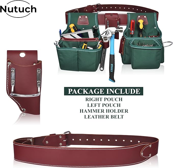 Nylon and Leather Tool Belt | Nylon Tool Pouch | Carpenter | Construction | Framers | Electrician Tool Belts | Drywall Tool Bags (GREEN)