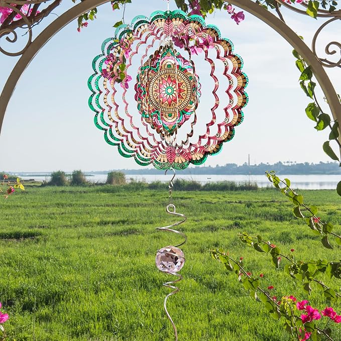 Mandala Manjusaka Wind Spinner - 12″ Stainless Steel Hanging Sculptures | 3D Kinetic Laser Cut Metal Art Decoration for Yard/Garden/Indoor, Creative Decor Gift