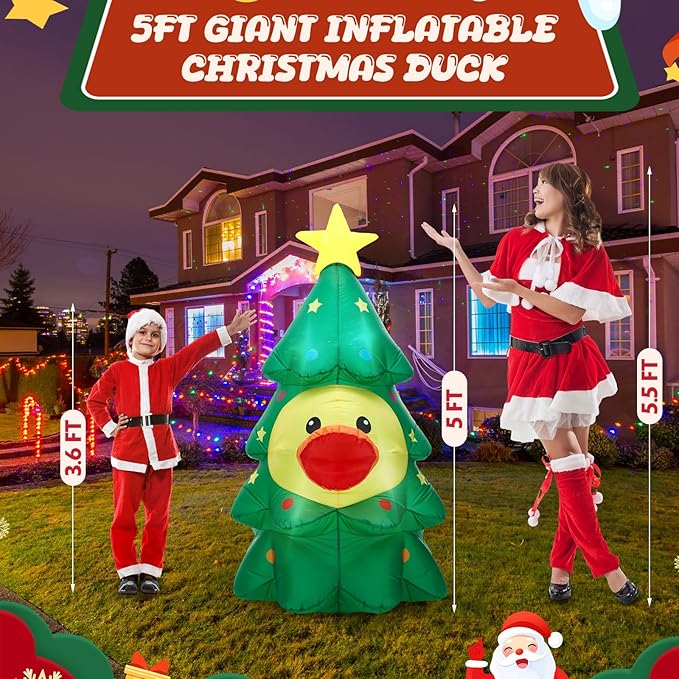 Leyndo 5FT Christmas Inflatables Decoration Outdoor Inflatables Duck with Build-in LEDs Lights Giant Blow Up Duck Wear Christmas Tree Costume for Mall Garden Patio Lawn Indoor Party