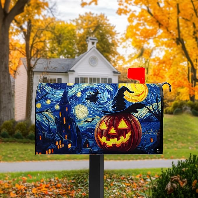 Halloween Mailbox Covers Magnetic Standard Size 21x18 inch Pumpkin Lanterns Post Letter Box Cover Scary Night Mailbox Wrap Castle Witch Forest Fall Autumn for Outside Garden Yard Decor