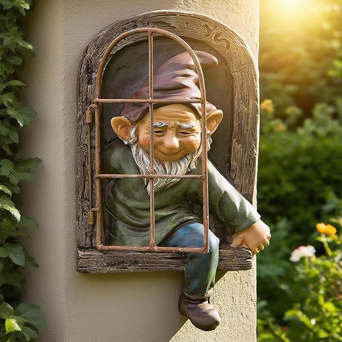Teaeeno 12-inch Elf Out The Door Tree Hugger, Whimsical Old for Man Resin Statue with Foliage Features, Large Outdoor Tree Hugger for Yard Art, Trees Decorations Outdoor Wallmounted Statue