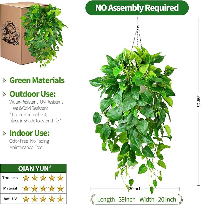 QIANYUN Fake Pothos Ivy Plant for Home Decor – 40" Fake Hanging Plants with Pot, Artificial Silk Greenery for Indoor Shelf, Bedroom, Living Room, Bathroom, or Office Decoration
